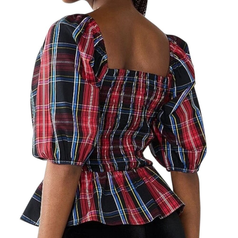 Draper James RSVP Plaid Smocked Peplum Top XL Red Tartan Holiday Party Christmas - Picture 2 of 5
